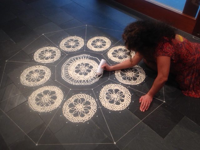 Teresa Ascencao, Laced Cobblestone, Flour and water paste performative drawing on cobblestone